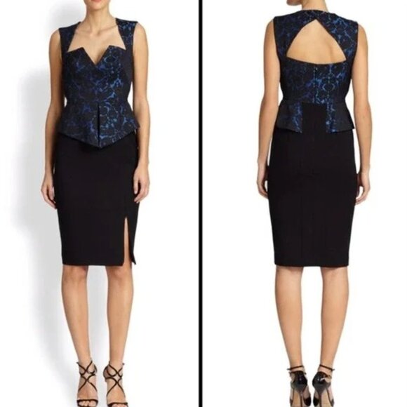 Black Halo Dress Size 10 Blue Brocade Peplum Wiggle Gabardine Cut Out Back Chic